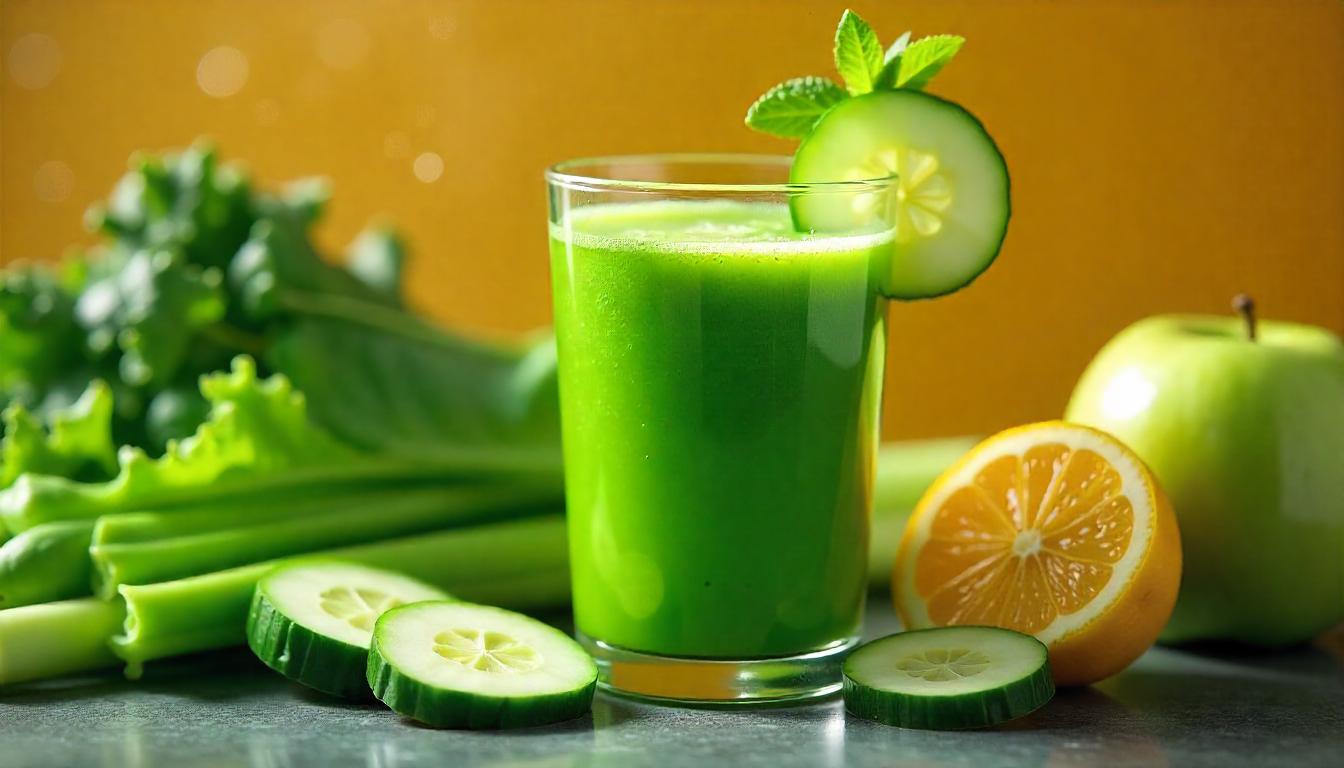 Verre de jus détox vert servi avec des ingrédients frais